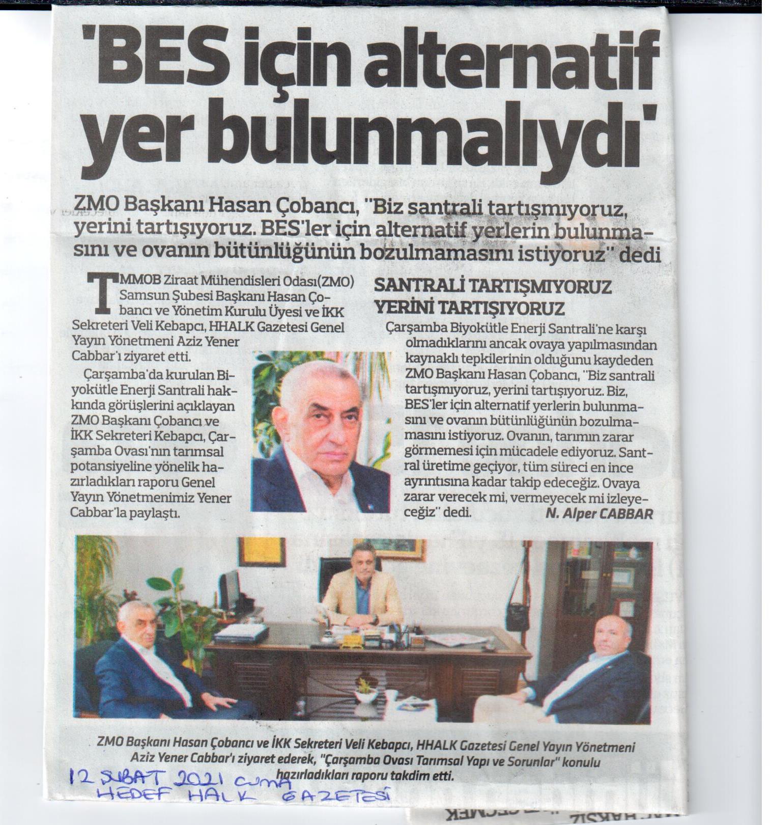 HEDEF HALK GAZETESİ: BES İÇİN ALTERNATİF YER BULUNMALIYDI-12 ŞUBAT 2021 