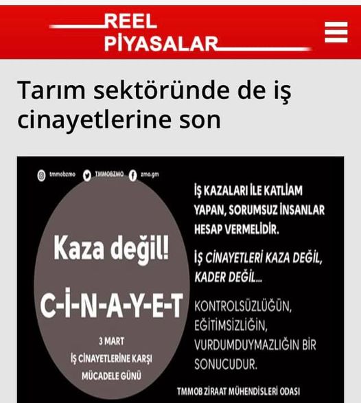 REELPİYASALAR.COM: TARIM SEKTÖRÜNDE DE İŞ CİNAYETLERİNE SON- 3 MART 2021