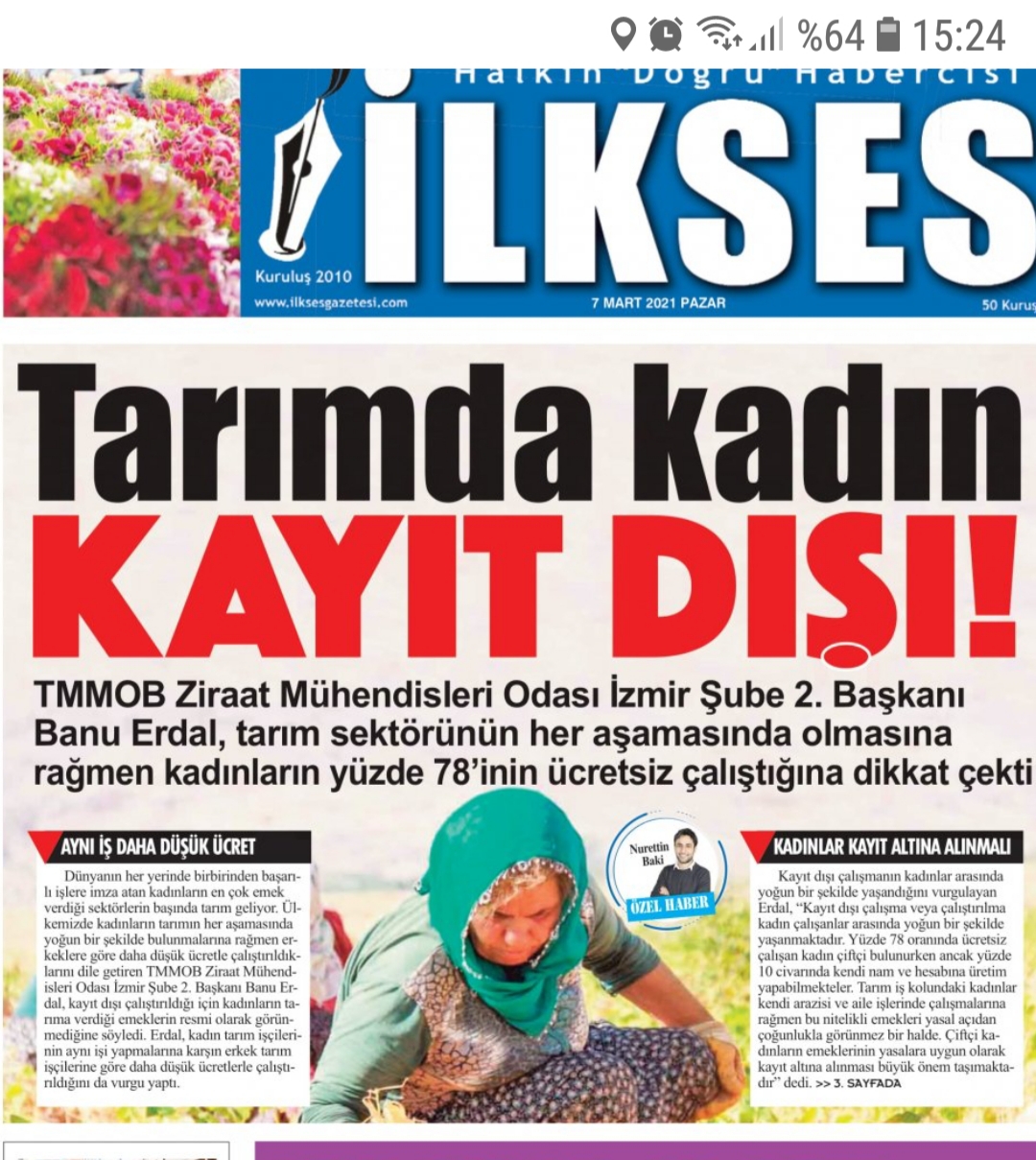 İLKSES GAZETESİ: TARIMDA KADIN "KAYIT DIŞI"-07.03.2021-