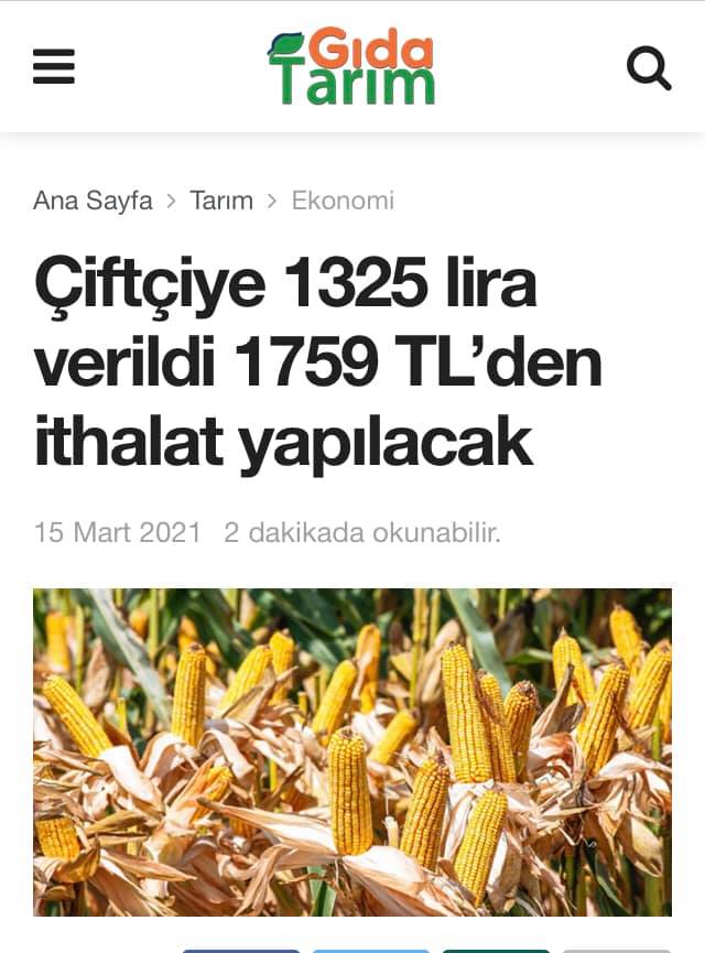 GIDA TARIM: ÇİFTÇİYE 1325 LİRA VERİLDİ 1759 TL'DEN İTHALAT YAPILACAK- 15 MART 2021