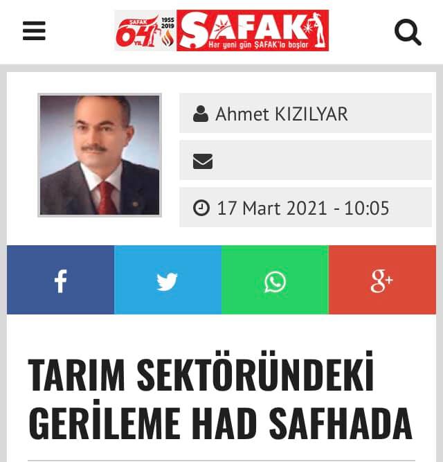 ŞAFAK GAZETESİ: TARIM SEKTÖRÜNDEKİ GERİLEME HAD SAFHADA- 17 MART 2021