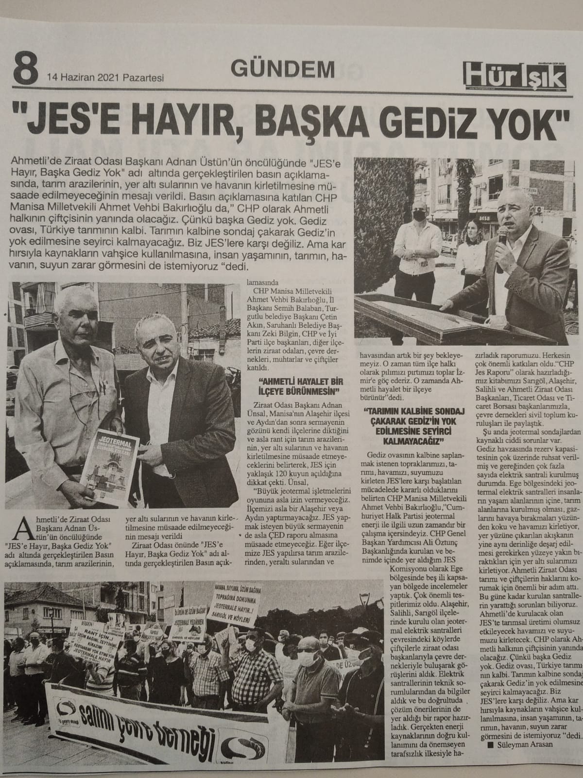 MANİSA GÜNDEM GAZETESİ: "JES`E HAYIR, BAŞKA GEDİZ YOK"- 14 HAZİRAN 2021
