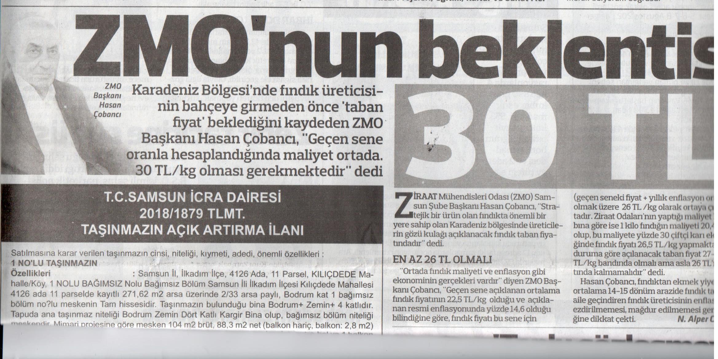 HEDEF HALK GAZETESİ: ZMO`NUN BEKLENTİSİ 30 TL-5 AĞUSTOS 2021