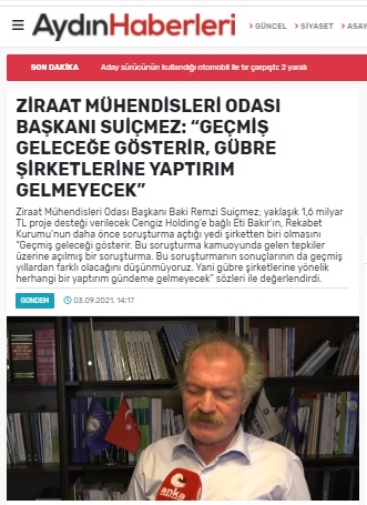 AYDİNHABERLERİ.COM: ZİRAAT MÜHENDİSLERİ ODASI BAŞKANI SUİÇMEZ: "GEÇMİŞ GELECEĞE GÖSTERİR, GÜBRE ŞİRKETLERİNE YAPTIRIM GELMEYECEK"- 3 EYLÜL 2021