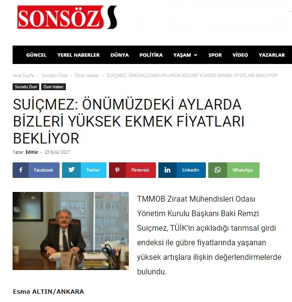 SONSÖZ GAZETESİ: SUİÇMEZ: ÖNÜMÜZDEKİ AYLARDA BİZLERİ YÜKSEK EKMEK FİYATLARI BEKLİYOR- 23 EYLÜL 2021