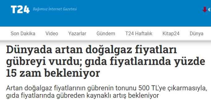 T24 GAZETESİ: DÜNYADA ARTAN DOĞALGAZ FİYATLARI GÜBREYİ VURDU; GIDA FİYATLARINDA YÜZDE 15 ZAM BEKLENİYOR- 27 EYLÜL 2021