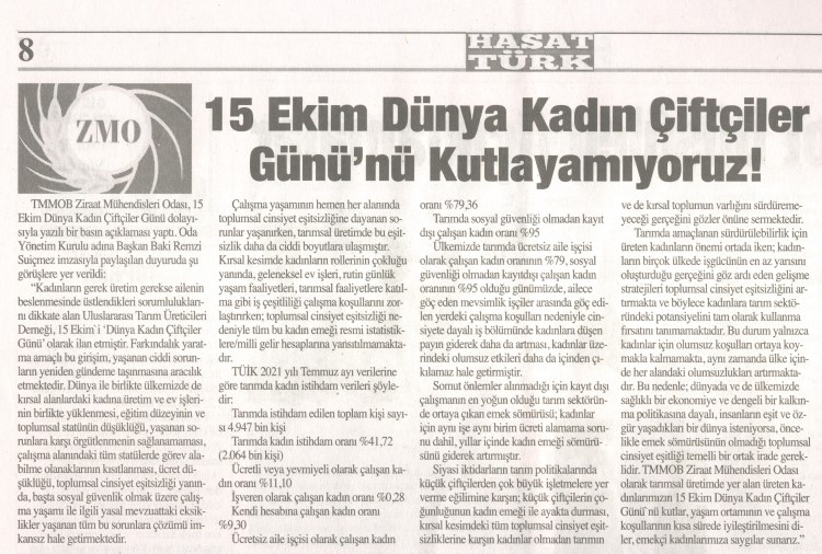 HASATTÜRK GAZETESİ: 15 EKİM DÜNYA KADIN ÇİFTÇİLER GÜNÜNÜ KUTLAYAMIYORUZ!- 1/31 EKİM 2021
