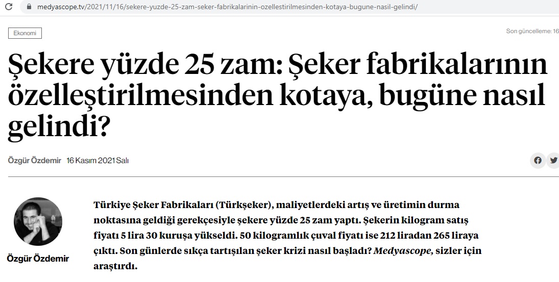 MEDYASCOPE.TV: ŞEKERE YÜZDE 25 ZAM: ŞEKER FABRİKALARININ ÖZELLEŞTİRİLMESİNDEN KOTAYA, BUGÜNE NASIL GELİNDİ?- 16 KASIM 2021