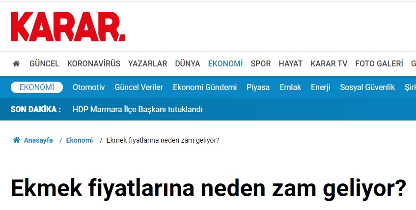KARAR GAZETESİ: EKMEK FİYATLARINA NEDEN ZAM GELİYOR?- 23 KASIM 2021
