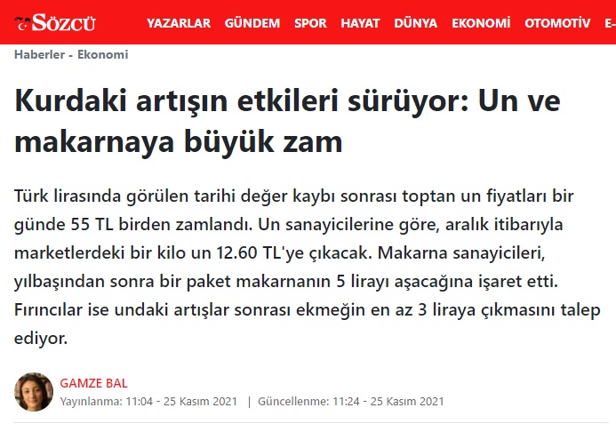 SÖZCÜ GAZETESİ: KURDAKİ ARTIŞIN ETKİLERİ SÜRÜYOR: UN VE MAKARNAYA BÜYÜK ZAM- 25 KASIM 2021