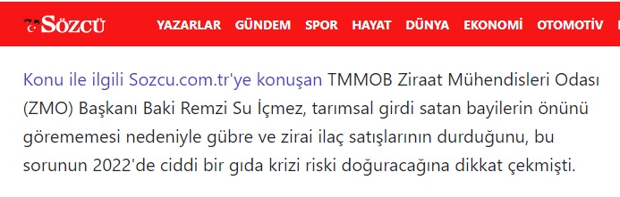 SÖZCÜ GAZETESİ: GÜBRE KITLIĞI GIDA KRİZİNİ TETİKLEYEBİLİR- 28 KASIM 2021