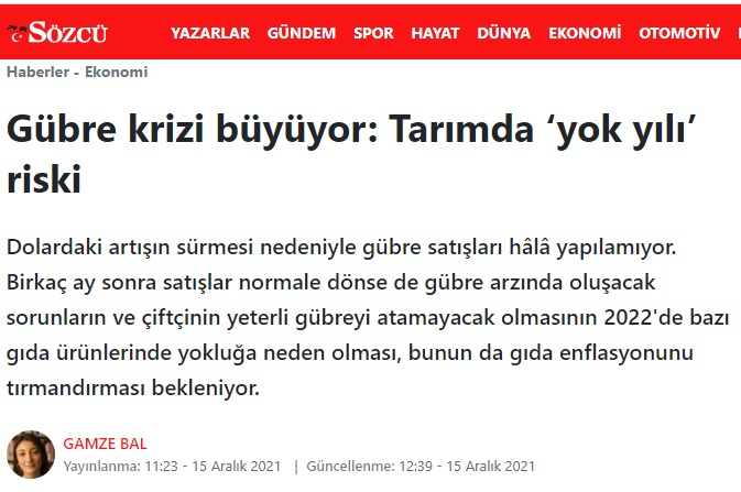 SÖZCÜ GAZETESİ: GÜBRE KRİZİ BÜYÜYOR: TARIMDA YOK YILI' RİSKİ- 15 ARALIK 2021