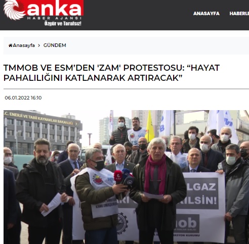 ANKA HABER AJANSI: TMMOB VE ESM'DEN `ZAM` PROTESTOSU: "HAYAT PAHALILIĞINI KATLANARAK ARTIRACAK"- 6 OCAK 2022