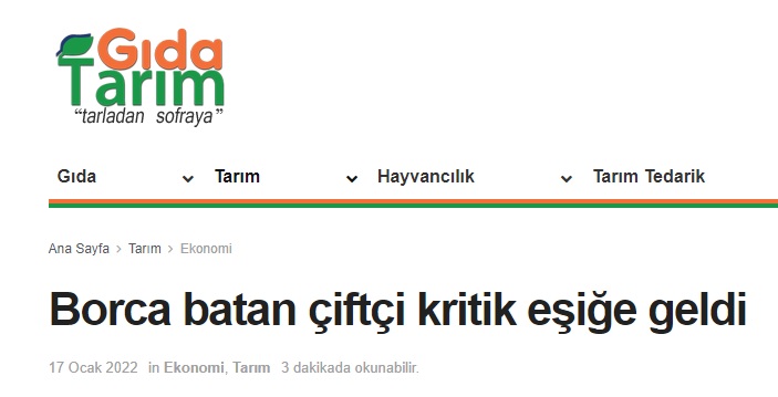 GIDATARIM: BORCA BATAN ÇİFTÇİ KRİTİK EŞİĞE GELDİ- 17 OCAK 2022