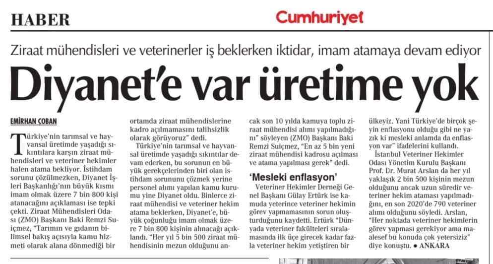 CUMHURİYET GAZETESİ: ÜRETİMDEKİ İSTİHDAM SORUNLARINA KARŞIN DİYANET`E İMAM ATANMAYA DEVAM EDİLDİ- 14 ŞUBAT 2022