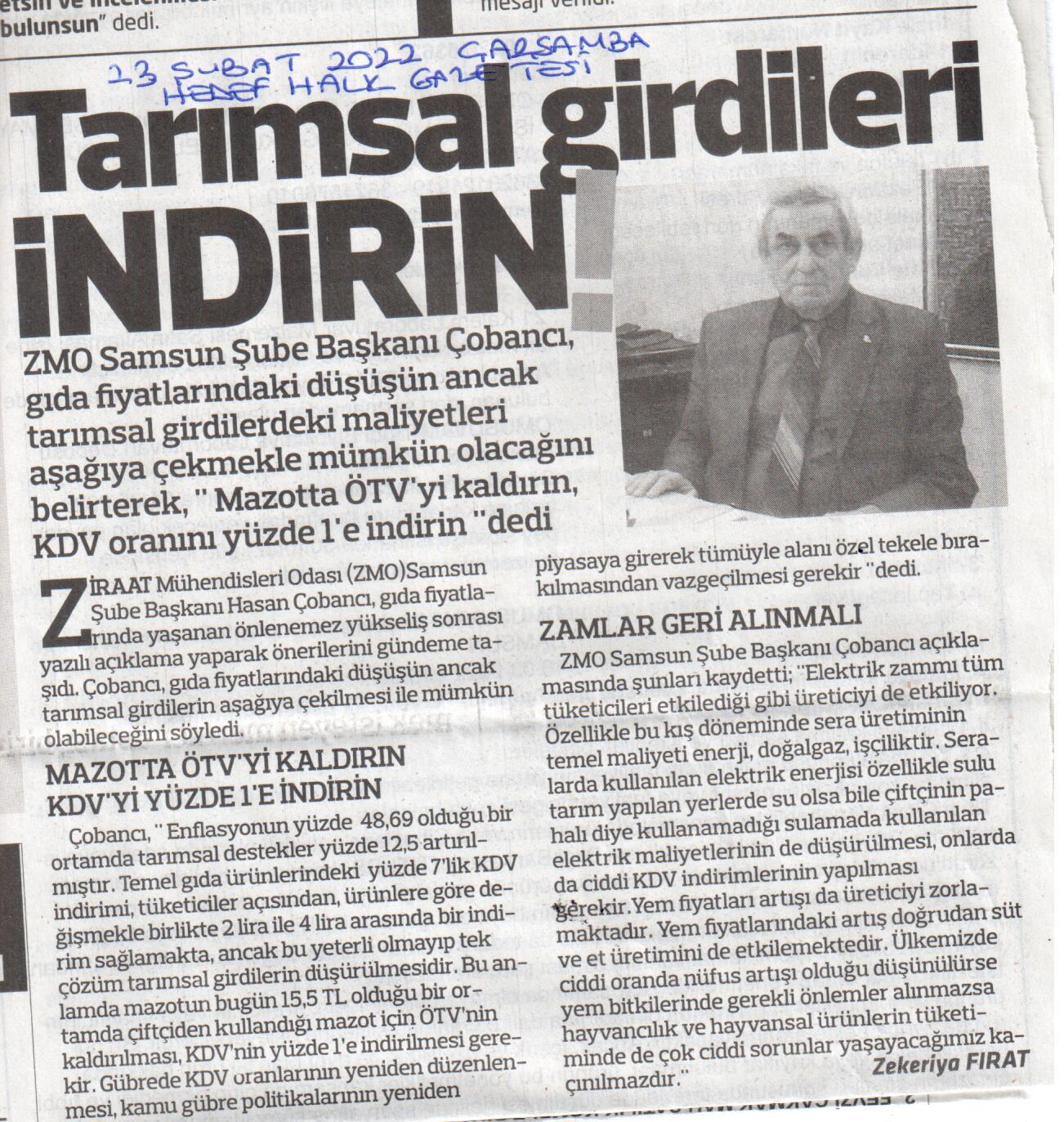 HEDEF HALK GAZETESİ: TARIMSAL GİRDİLERİ İNDİRİN!-23 ŞUBAT 2022 