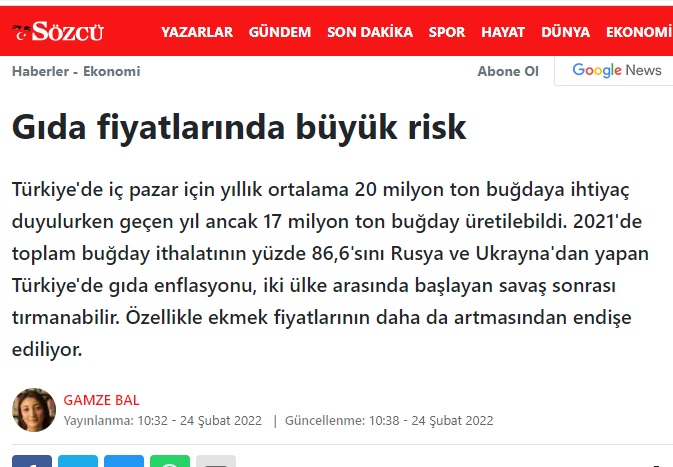 SÖZCÜ GAZETESİ: GIDA FİYATLARINDA BÜYÜK RİSK- 24 ŞUBAT 2022
