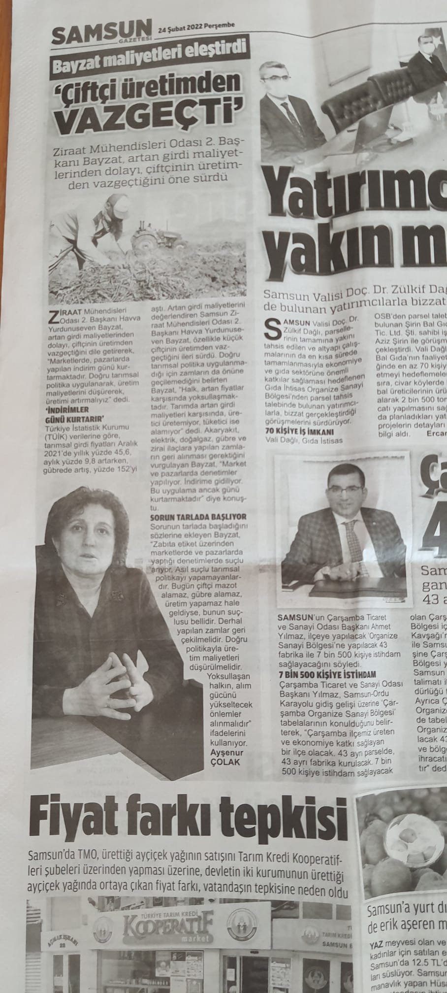 SAMSUN GAZETESİ: ÇİFTÇİ ÜRETİMDEN VAZGEÇTİ-24 ŞUBAT 2022 