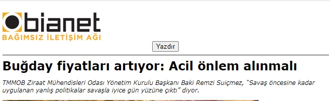 BİANET: BUĞDAY FİYATLARI ARTIYOR: ACİL ÖNLEM ALINMALI- 1 MART 2022