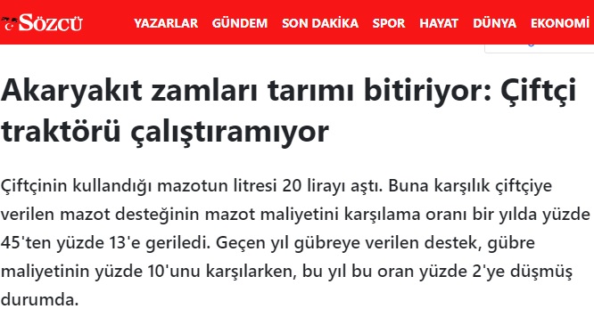 SÖZCÜ GAZETESİ: AKARYAKIT ZAMLARI TARIMI BİTİRİYOR: ÇİFTÇİ TRAKTÖRÜ ÇALIŞTIRAMIYOR- 5 MART 2022