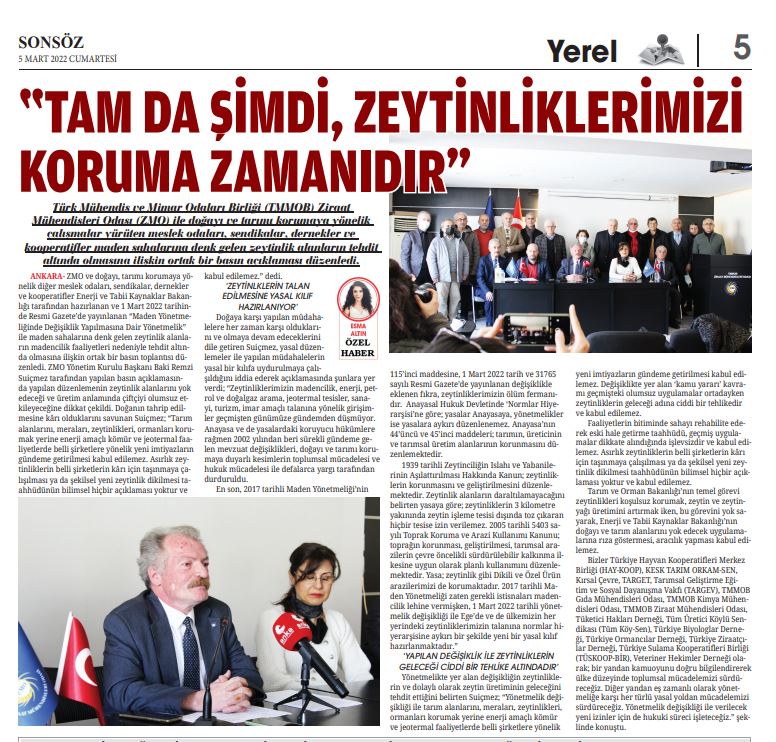 SONSÖZ GAZETESİ: "TAM DA ŞİMDİ, ZEYTİNLİKLERİMİZİ KORUMA ZAMANIDIR"- 5 MART 2022