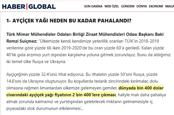 HABER GLOBAL: 5 SORU 5 CEVAP: AYÇİÇEK YAĞININ FİYATI NEDEN ARTIYOR?- 8 MART 2022