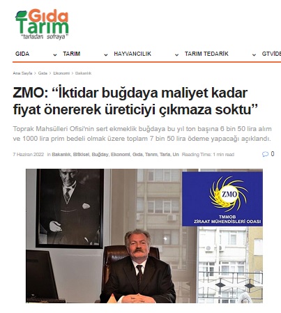GIDA TARIM: ZMO: "İKTİDAR BUĞDAYA MALİYET KADAR FİYAT ÖNEREREK ÜRETİCİYİ ÇIKMAZA SOKTU"- 7 HAZİRAN 2022