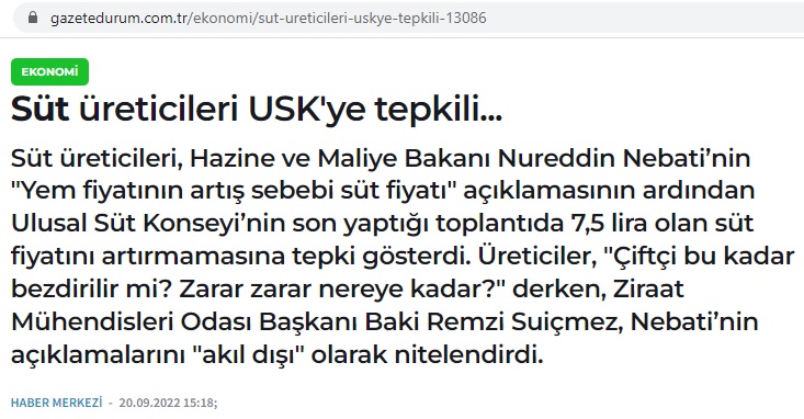 GAZETE DURUM: SÜT ÜRETİCİLERİ USK`YE TEPKİLİ...- 20 EYLÜL 2022