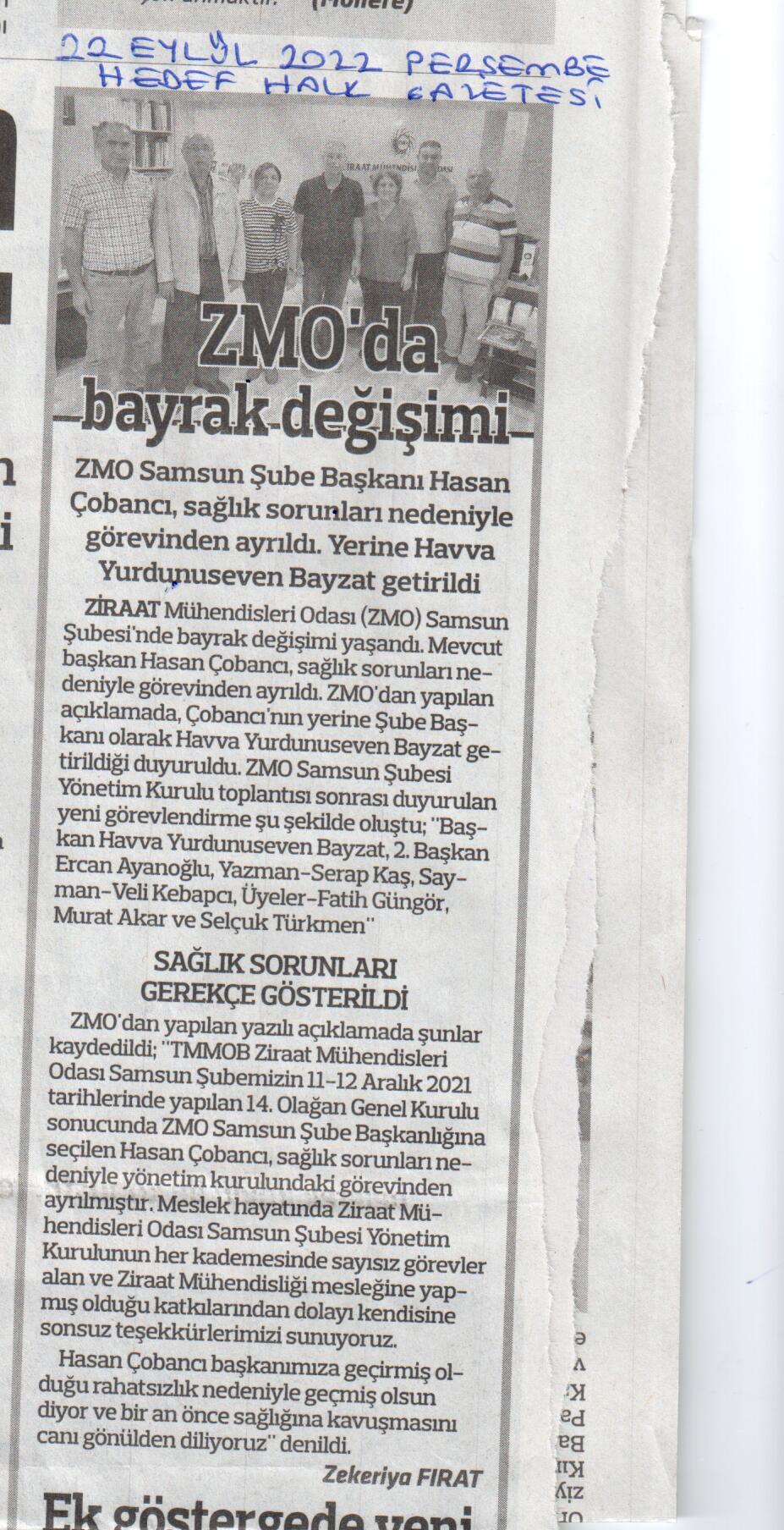 HEDEF HALK GAZETESİ: ZMO`DA BAYRAK DEĞİŞİMİ-22 EYLÜL 2022
