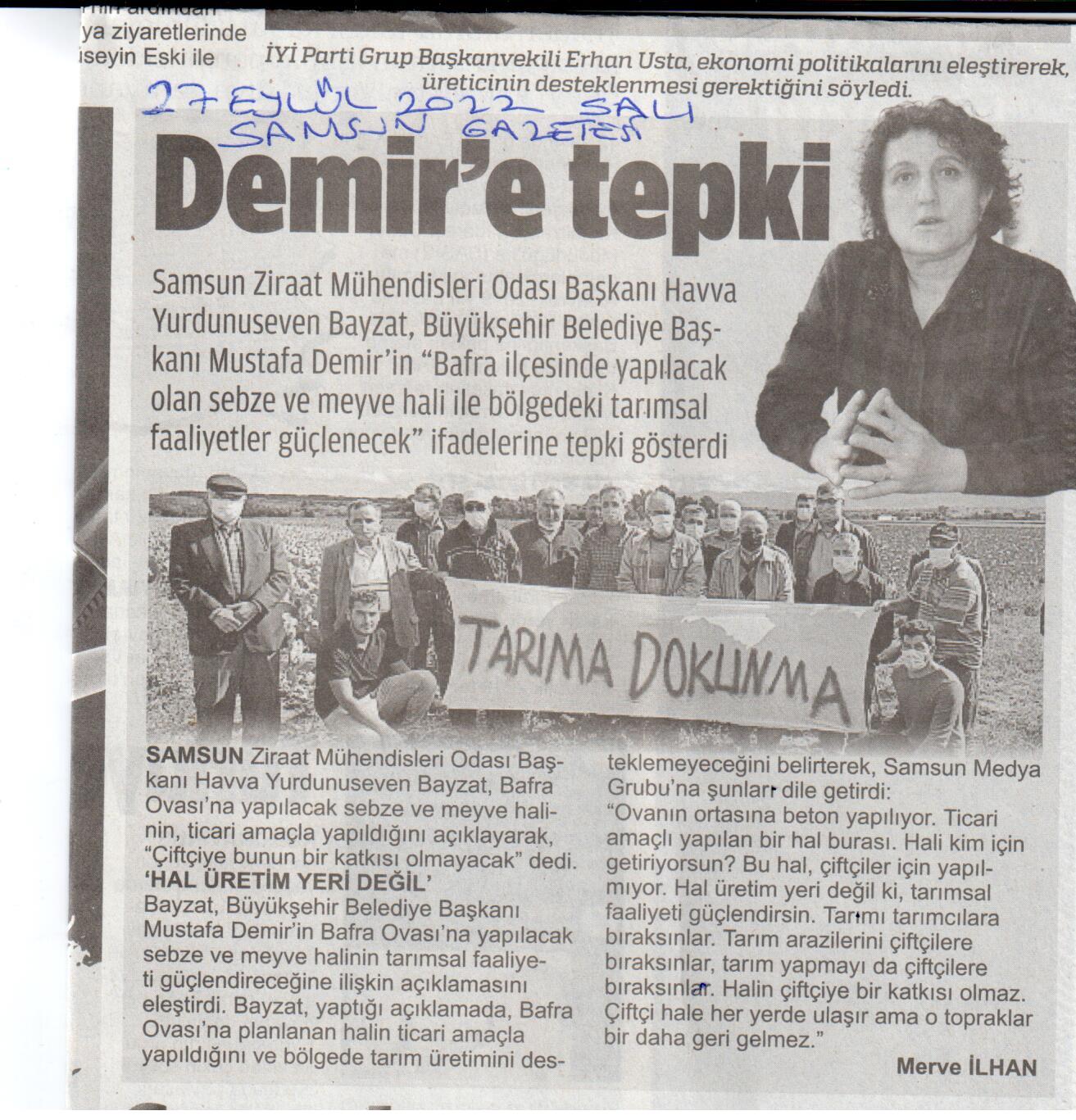 SAMSUN GAZETESİ: DEMİR`E TEPKİ-27 EYLÜL 2022 
