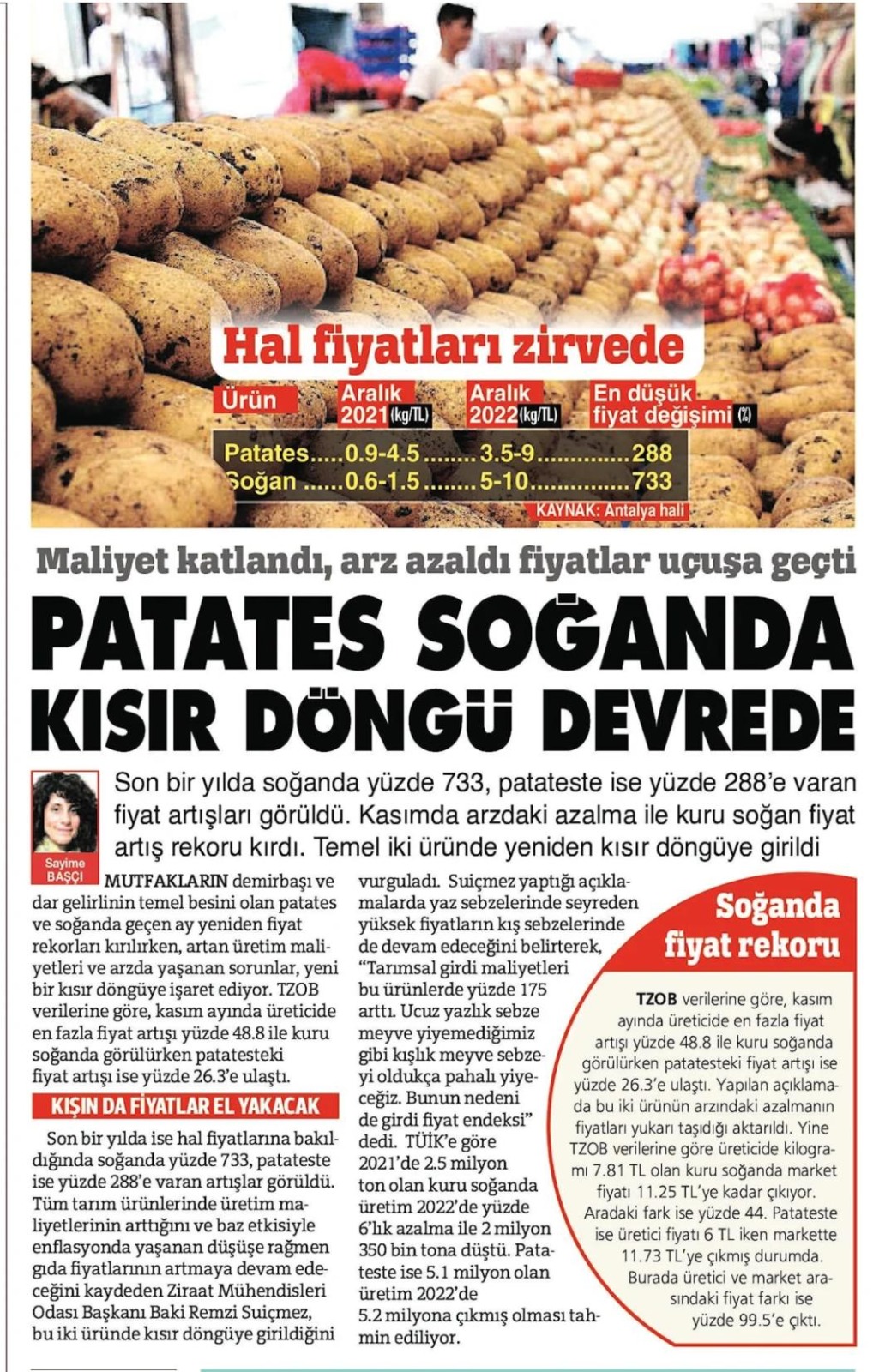 SÖZCÜ GAZETESİ: PATATES SOĞANDA KISIR DÖNGÜ DEVREDE- 26 ARALIK 2022