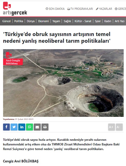 ARTI GERÇEK GAZETESİ: `TÜRKİYE'DE OBRUK SAYISININ ARTIŞININ TEMEL NEDENİ YANLIŞ NEOLİBERAL TARIM POLİTİKALARI`- 1 ŞUBAT 2023