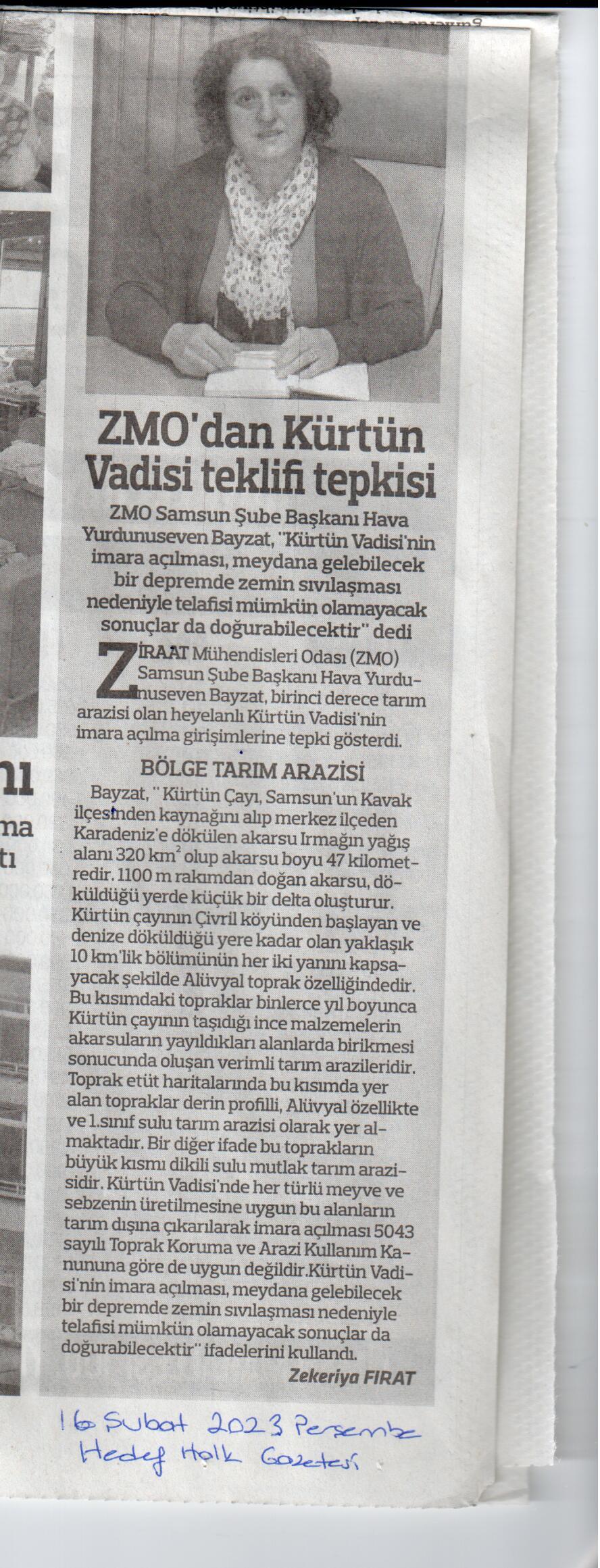 HEDEF HALK GAZETESİ:ZMO`DAN KÜRTÜN VADİSİ TEKLİFİ TEPKİSİ-16 ŞUBAT 2023
