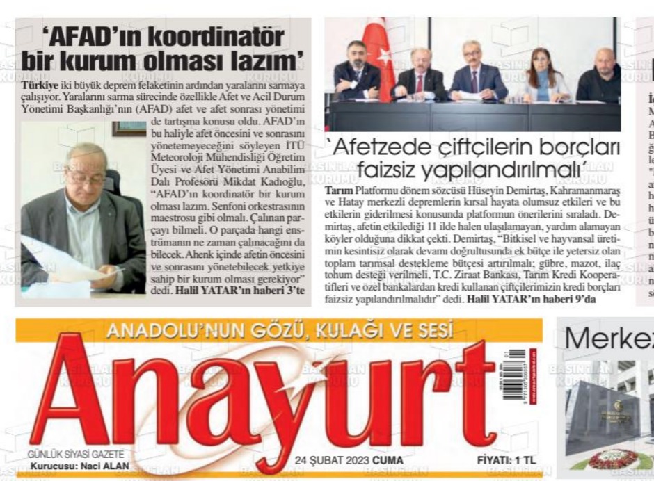ANAYURT GAZETESİ: AFETZEDE ÇİFTÇİLERİN BORÇLARI FAİZSİZ YAPILANDIRILMALI'-23 ŞUBAT 2023