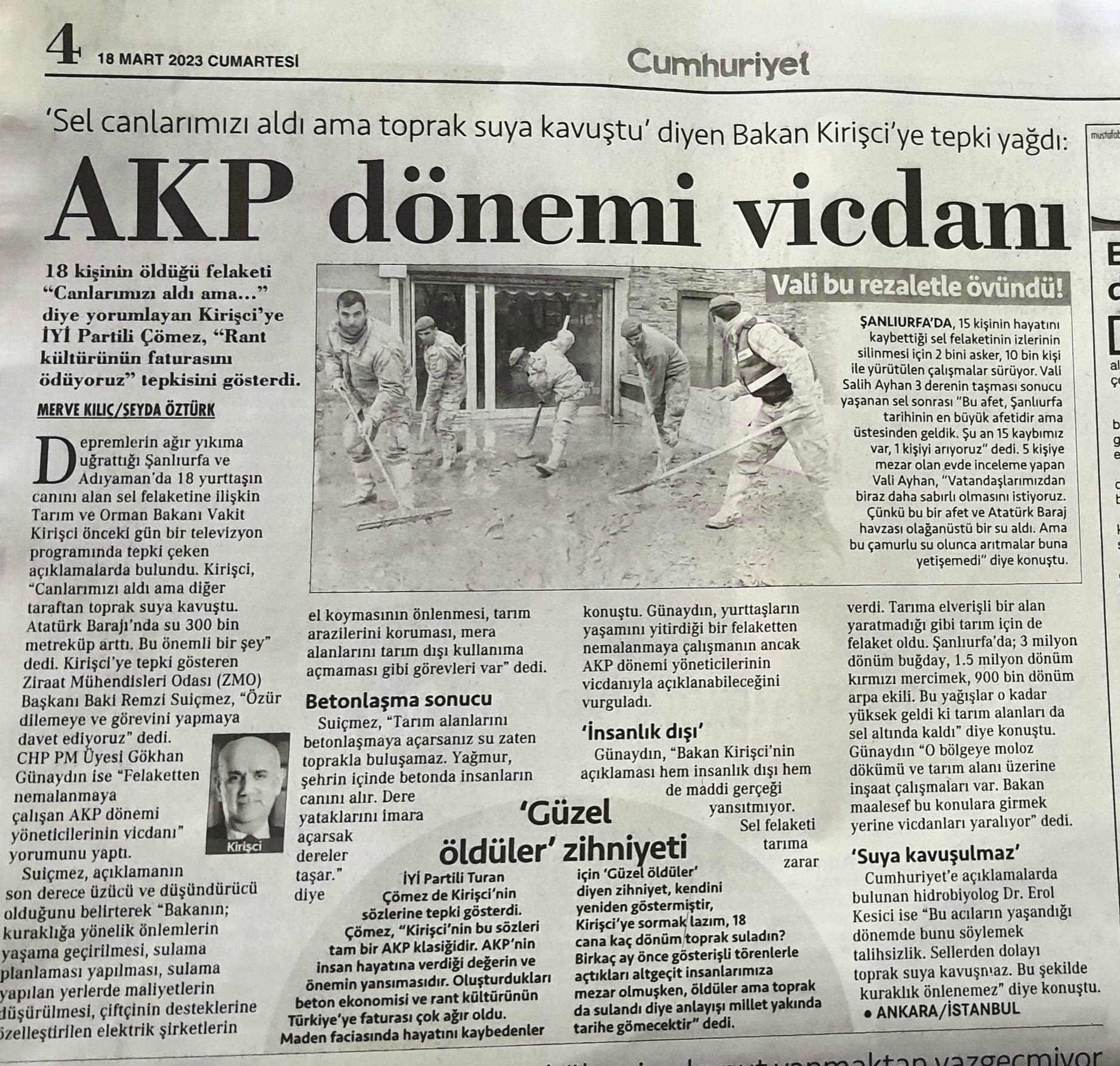 CUMHURİYET GAZETESİ: `SEL CANLARIMIZI ALDI AMA TOPRAK SUYA KAVUŞTU` DİYEN BAKAN VAHİT KİRİŞCİ`YE TEPKİ YAĞDI: AKP DÖNEMİ VİCDANI- 18 MART 2023