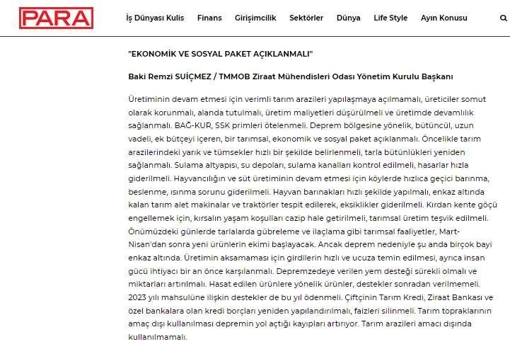 PARA DERGİSİ: DEPREM BÖLGESİNDE TARIMIN DA FAY HATLARI KIRILDI- 27 MART 2023