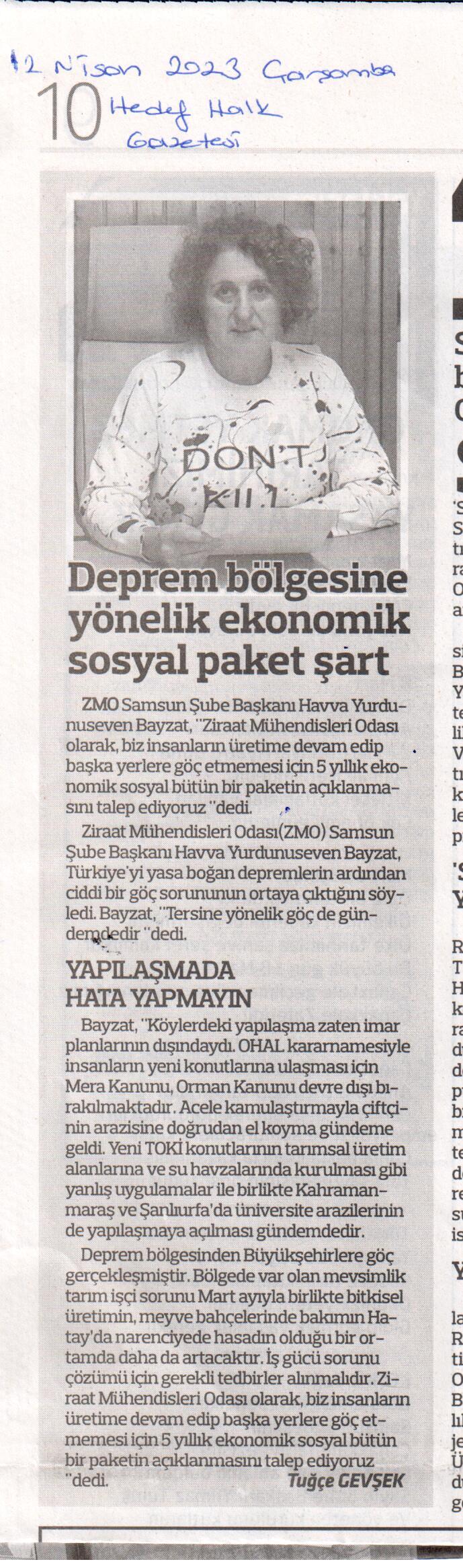HEDEF HALK GAZETESİ:DEPREM BÖLGESİNE YÖNELİK EKONOMİK SOSYAL PAKET ŞART-12 NİSAN 2023