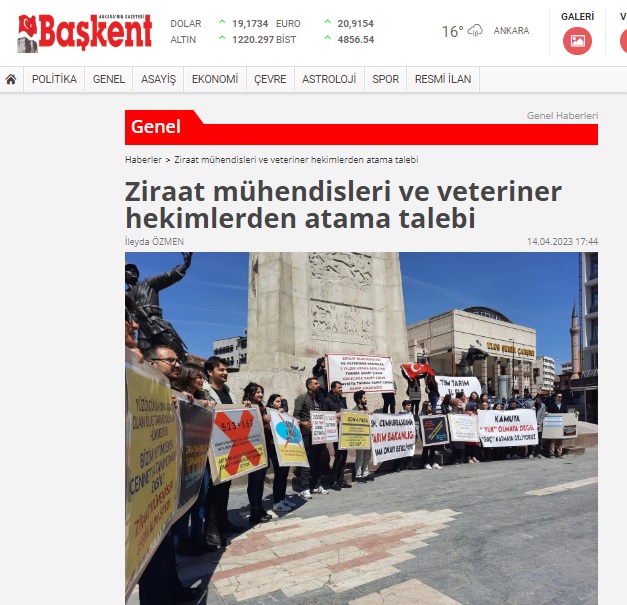 BAŞKENT GAZETESİ: ZİRAAT MÜHENDİSLERİ VE VETERİNER HEKİMLERDEN ATAMA TALEBİ- 14 NİSAN 2023