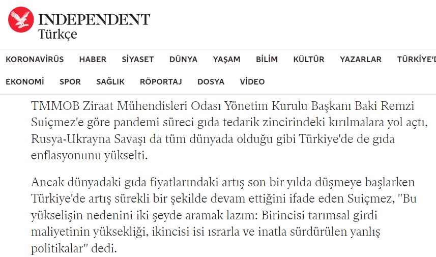 INDEPENDENT TÜRKÇE: DÜNYADA DÜŞERKEN TÜRKİYE`DE YÜKSELİYOR... GIDA FİYATINDAKİ ARTIŞ, ÜRETİM VE YANLIŞ POLİTİKALARDAN KAYNAKLANIYOR- 18 NİSAN 2023