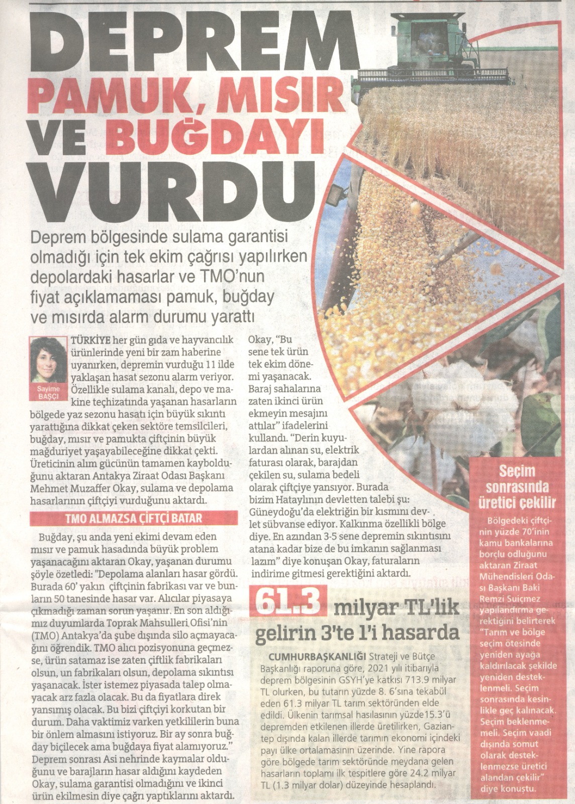 SÖZCÜ GAZETESİ: DEPREM PAMUK, MISIR VE BUĞDAYI VURDU- 24 NİSAN 2023