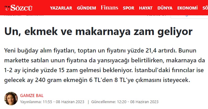 SÖZCÜ GAZETESİ: UN, EKMEK VE MAKARNAYA ZAM GELİYOR- 8 HAZİRAN 2023