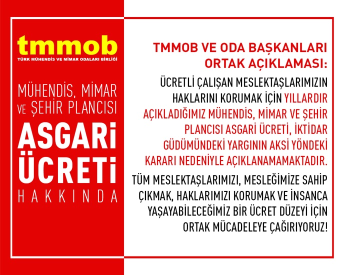MÜHENDİS, MİMAR VE ŞEHİR PLANCILARININ HAKLARINI SAVUNMAYA, İNSANCA YAŞANACAK BİR GELİR DÜZEYİ İÇİN MÜCADELE ETMEYE DEVAM EDECEĞİZ!