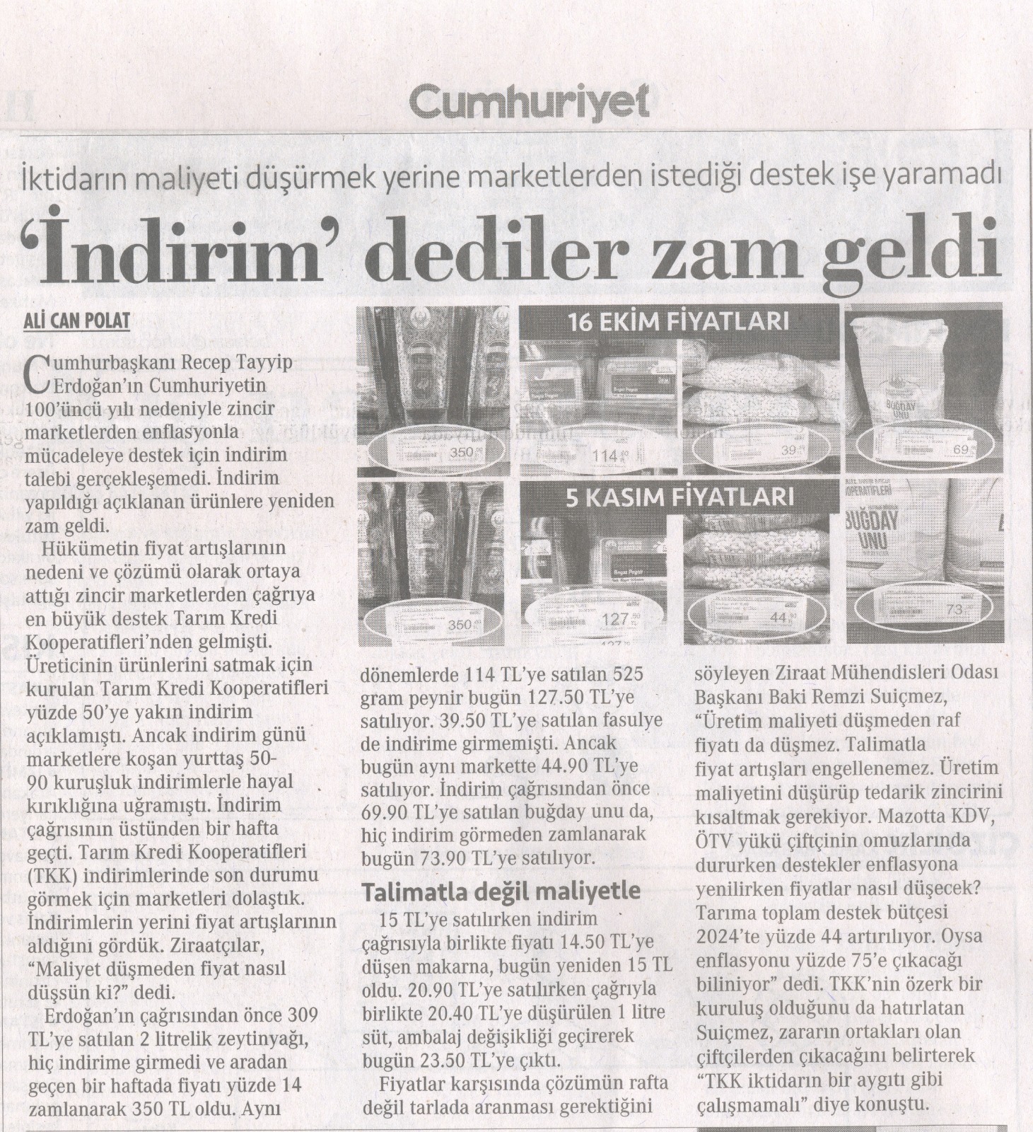CUMHURİYET GAZETESİ: `İNDİRİM` DEDİLER ZAM GELDİ- 6 KASIM 2023