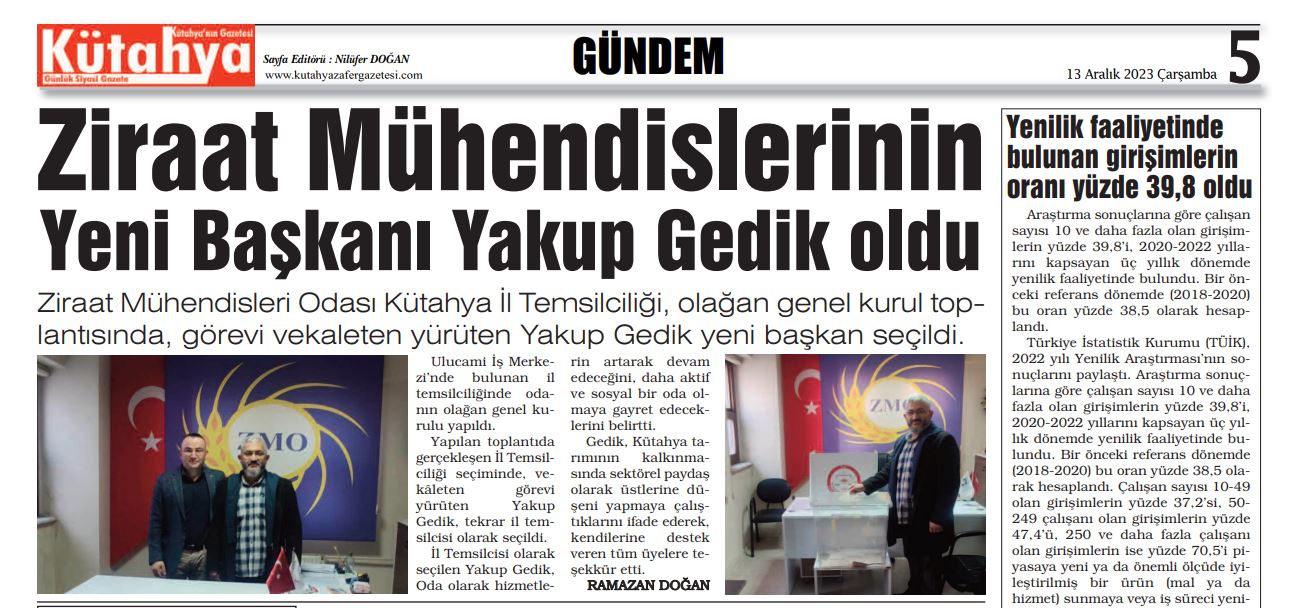 KÜTAHYA GÜNDEM GAZETESİ: ZMO KÜTAHYA İL TEMSİLCİSİ YAKUP GEDİK OLDU- 13 ARALIK 2023