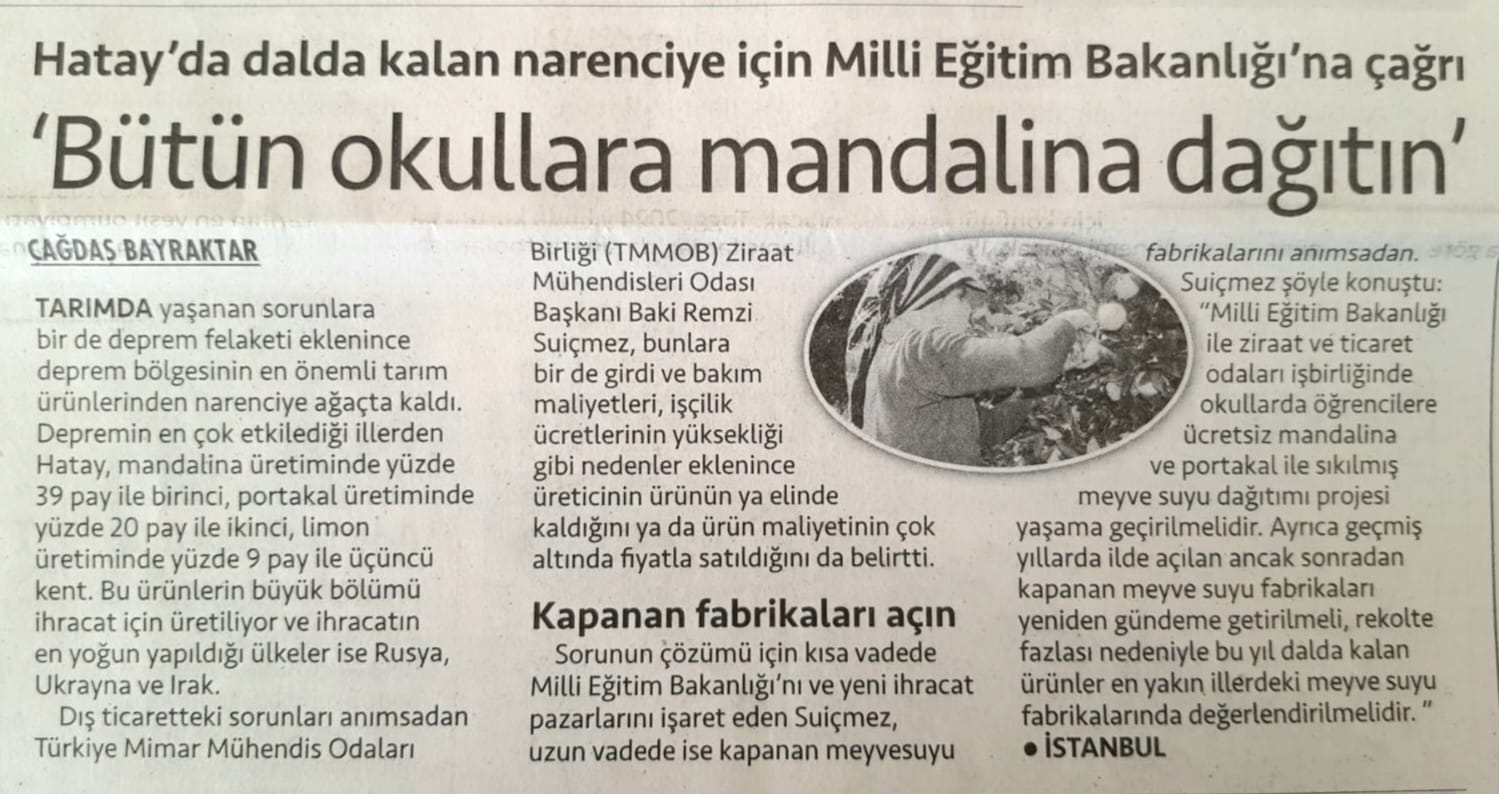 CUMHURİYET GAZETESİ: `BÜTÜN OKULLARA MANDALİNA DAĞITIN`- 8 OCAK 2024