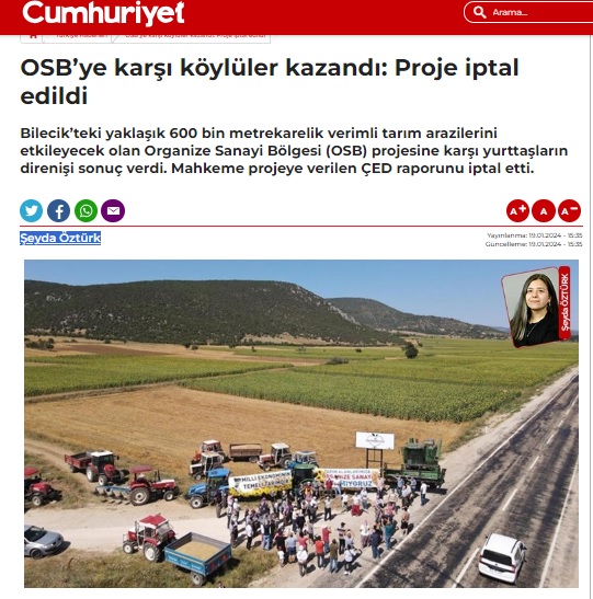 CUMHURİYET GAZETESİ: OSB'YE KARŞI KÖYLÜLER KAZANDI: PROJE İPTAL EDİLDİ- 19 OCAK 2024