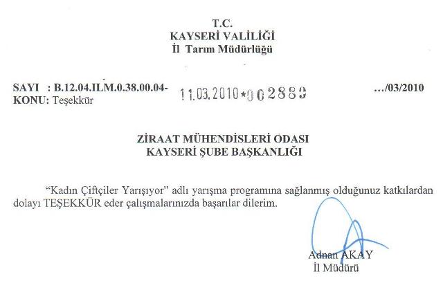 İL TARIM MÜDÜRLÜĞÜNDEN TEŞEKKÜR YAZISI