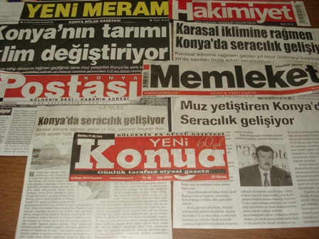 “KONYA’DA SERACILIK GELİŞİYOR”-MEMLEKET-KONYA POSTASI, “KARASAL İKLİMİNE RAĞMEN KONYA’DA SERACILIK GELİŞİYOR”-HAKİMİYET, “KONYA'NIN TARIMI İKLİM DEĞİŞTİRİYOR”-YENİ MERAM, “MUZ TEŞİTİREN KONYA’DA 