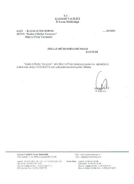 İL TARIM MÜDÜRLÜĞÜNDEN TEŞEKKÜR YAZISI