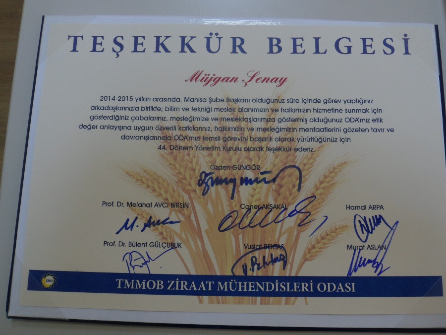 2014-2015 YILLARI ARASINDA ŞUBE BAŞKANLIĞI GÖREVİNİ YÜRÜTEN MÜJGAN ŞENAY`A, GENEL MERKEZİMİZCE GÖNDERİLEN TEŞEKKÜR BELGESİNİ, ŞUBE BAŞKANIMIZ İBRAHİM DEMRAN TAKDİM ETTİLER.